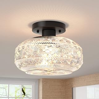 Semi Flush Mount Ceiling Light,Black Hallway Light Fixture,Globe Glass Close to Ceiling Light,Vintage Indoor Hanging Light,Farmhouse Pendant Lamp for Kitchen Entryway Bathroom Porch,Bulb Not Included