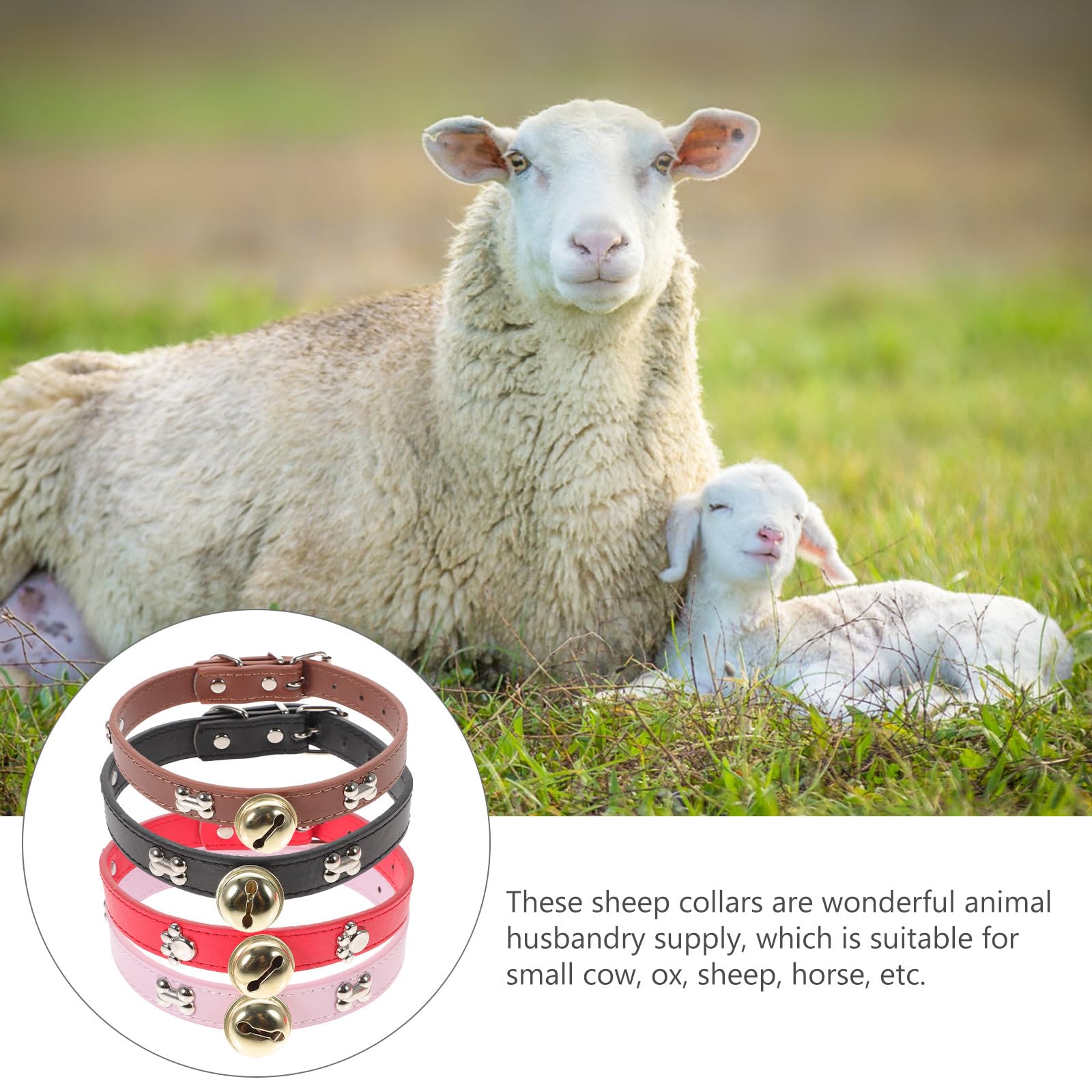 Gatuida Lot de 4 Colliers en PU Réglables pour Bétail avec Clochettes, Design à Trous pour Ajustement Facile, Adaptés pour Vaches et Chèvres en Élevage