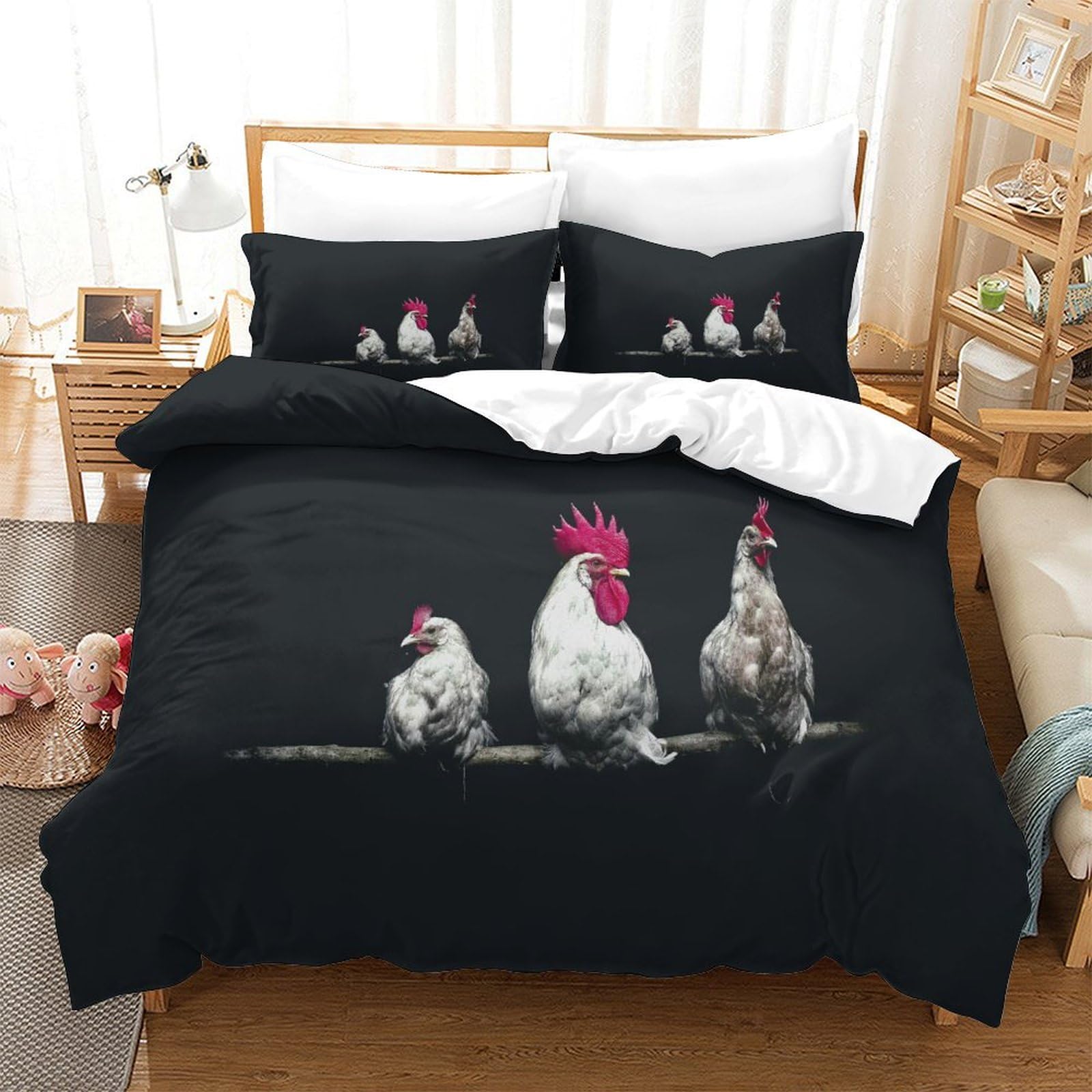 P1s9u7w5y Gallic Rooster-1 3D Printed Farm Rooster Microfiber Duvet Cover Set 3Pcs Black Chicken Bedding Set Double（200X200cm）