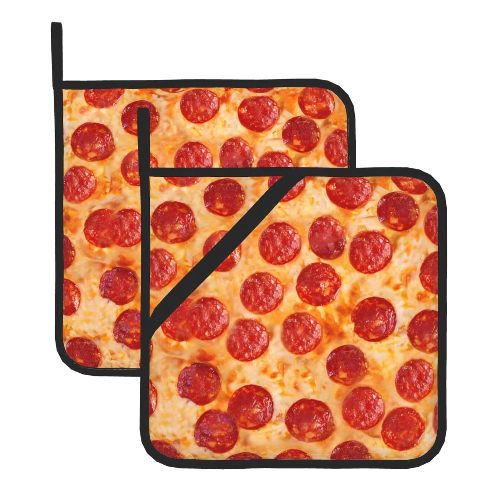 YYHWHJDE 3D Pizza Pepperoni Prints Square Hot Pads for Kitchen Counter - Waterproof Pot Holders, Durable Oven Mitt Layers with Hanging Loop, Heat Resistant Trivets (2-Pack)