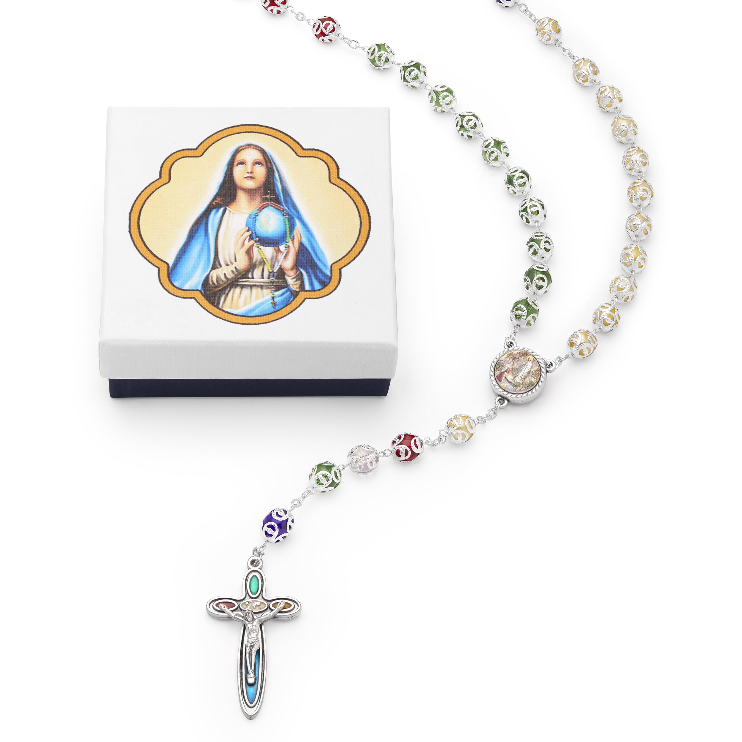 Mondo Cattolico - Rosario católico de los cinco continentes con centro de mesa que contiene agua bendita y cuentas de cristal - Ideal para regalos religiosos