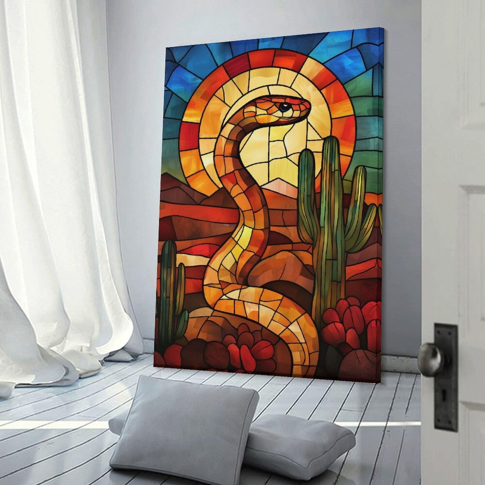 Junmoney Desert Snake Stained Glass Wall Picture Print, 24x36inch(60x90cm), for Art Walls, Layered Displays Or Homes, Home Wall Art for Statement Displays