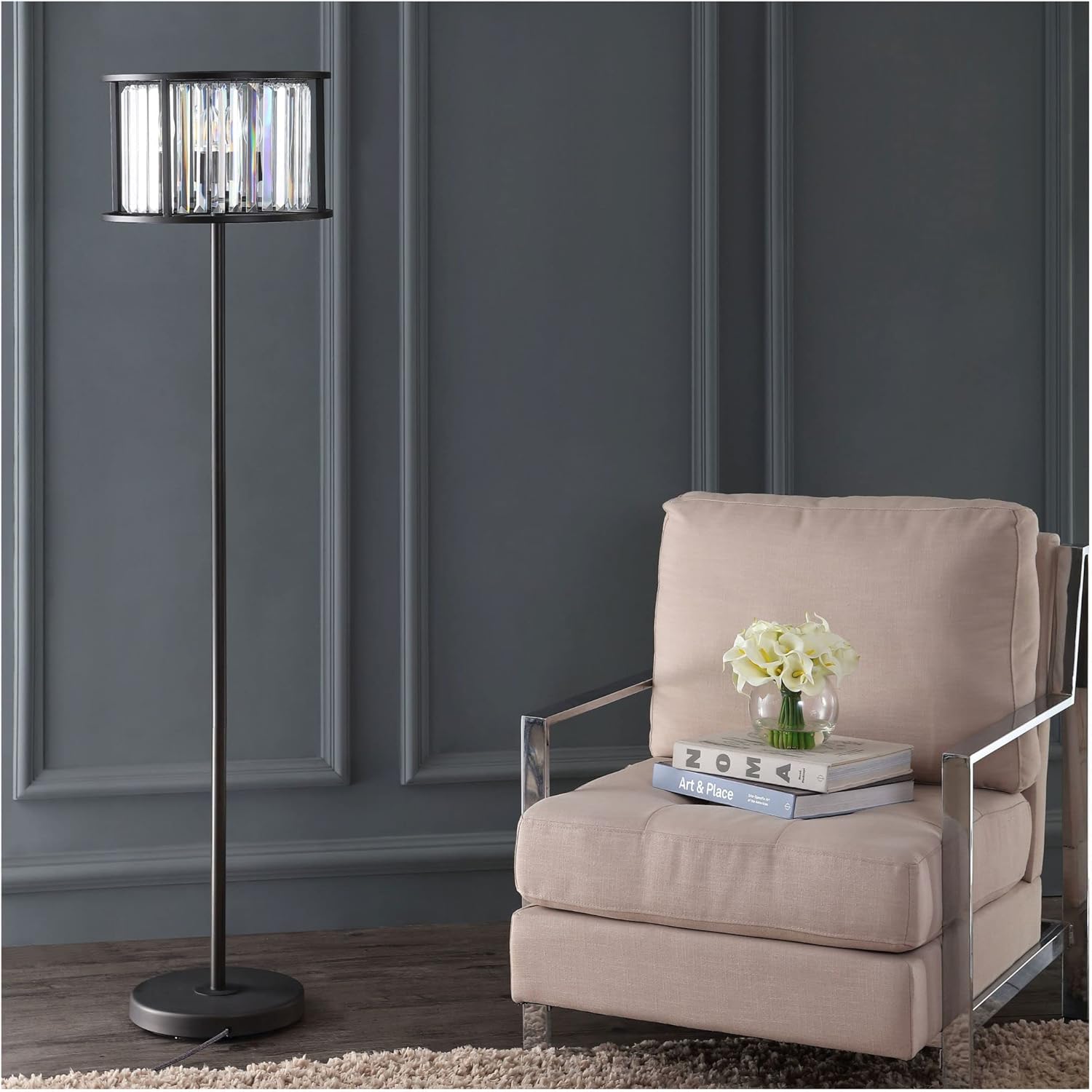 JONATHAN Y 63" Oil Rubbed Bronze 3-Light Metal and Crystal LED Floor Lamp, Glam Contemporary Standing Lamp for Living Room, Bedroom, Linear Crystals, LED Bulbs Included JYL9054A