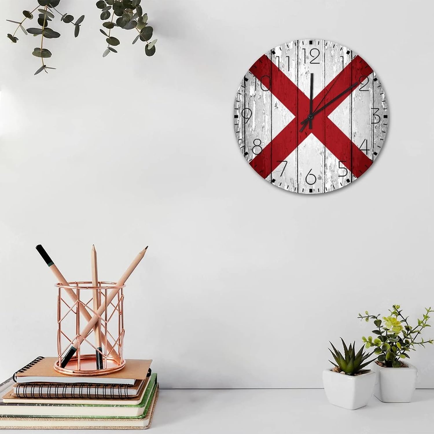 Wood Hanging Wall Clock Analog Round Non-Ticking Alabama Personalized Wall Clocks US American State Flag USA Home Decoration for Girls Room Office Porch 10 Inch