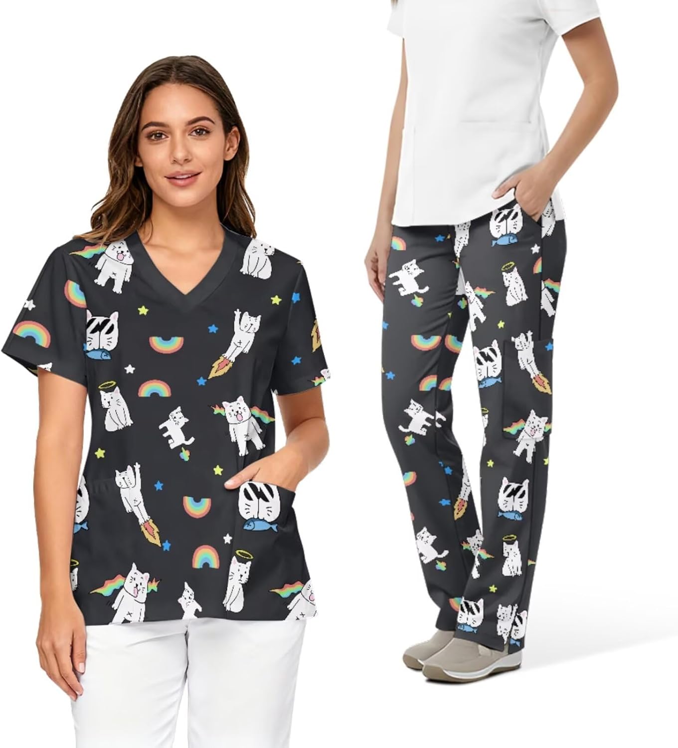 Scrubs Set for Women Printed Stretch V-Neck Scrub Tops with Pants, 6 Pocket Medical Uniform for Nurse Doctor Work