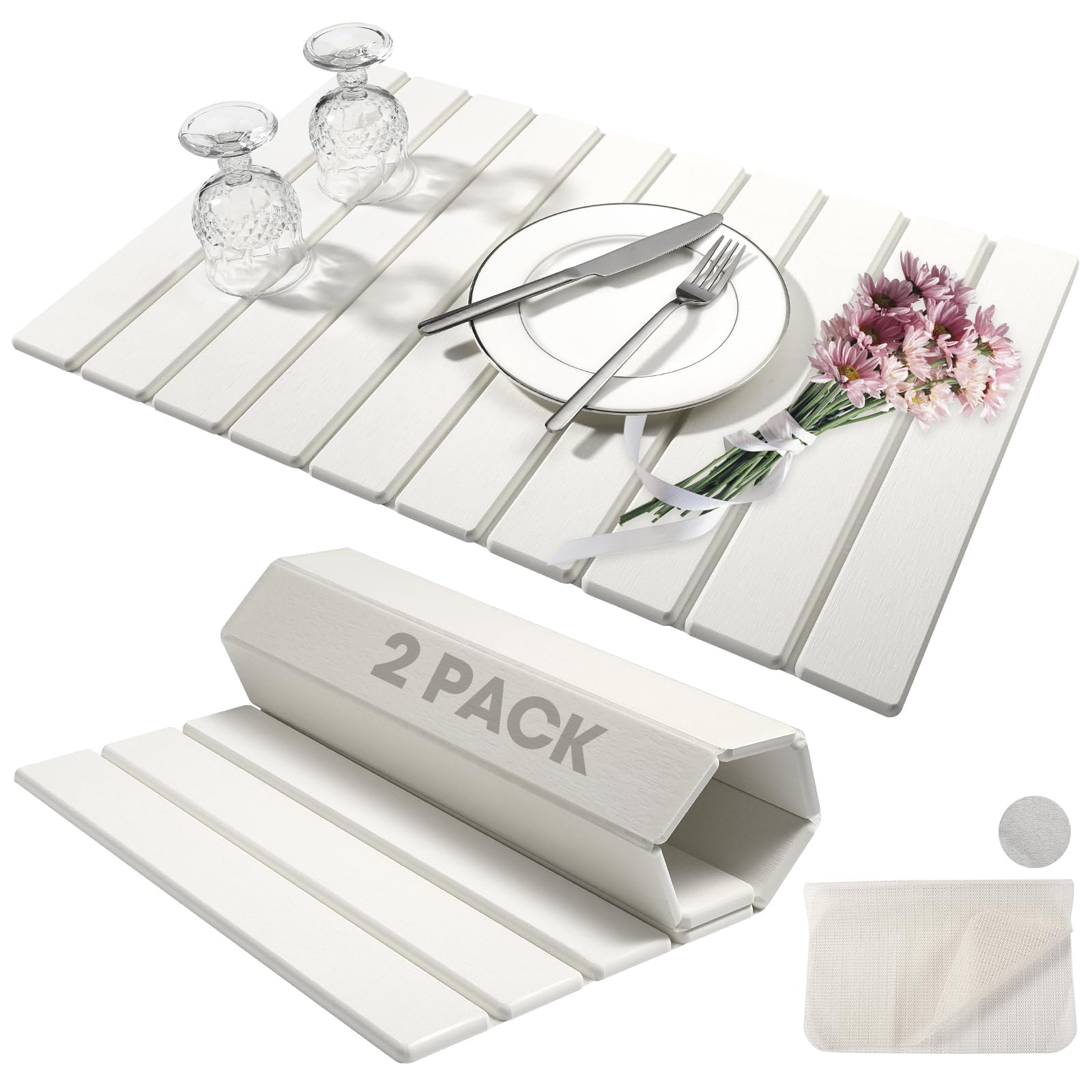 Photo 1 of 2 Pack Stone Dish Drying Mat for Kitchen Counter, Foldable Diatomaceous Earth Drying Pad, Fast Water Absorbing Drying Mat for Dishes, Utensils, Bottles (Large 24”x16”) White