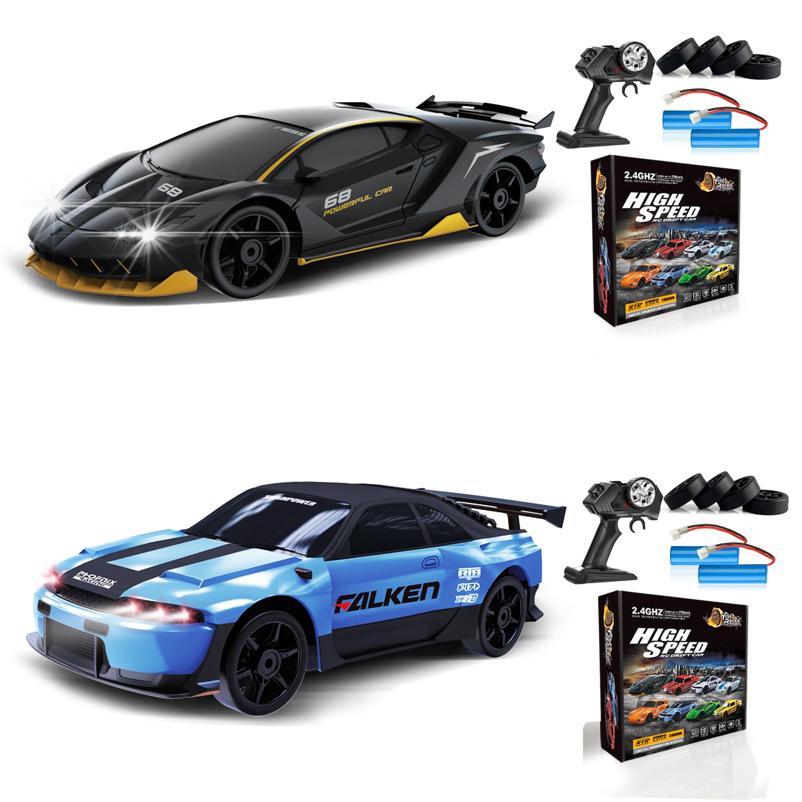 2PCS Remote Control Car RC Drift Car 2.4GHz 1:24 4WD 15KM/H High Speed Racing Sport Car with LED Lights Drifting Tire Racing Sport Toy for Adults Boys Girls Kids Gift 2Pcs Rechargeable Batteries