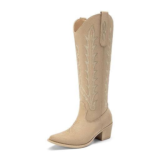Athlefit Cowboy Boots for Women Knee High Comfortable Pull On Chunky Heel Embroidered Cowgirl Western Tall Boots for Concert