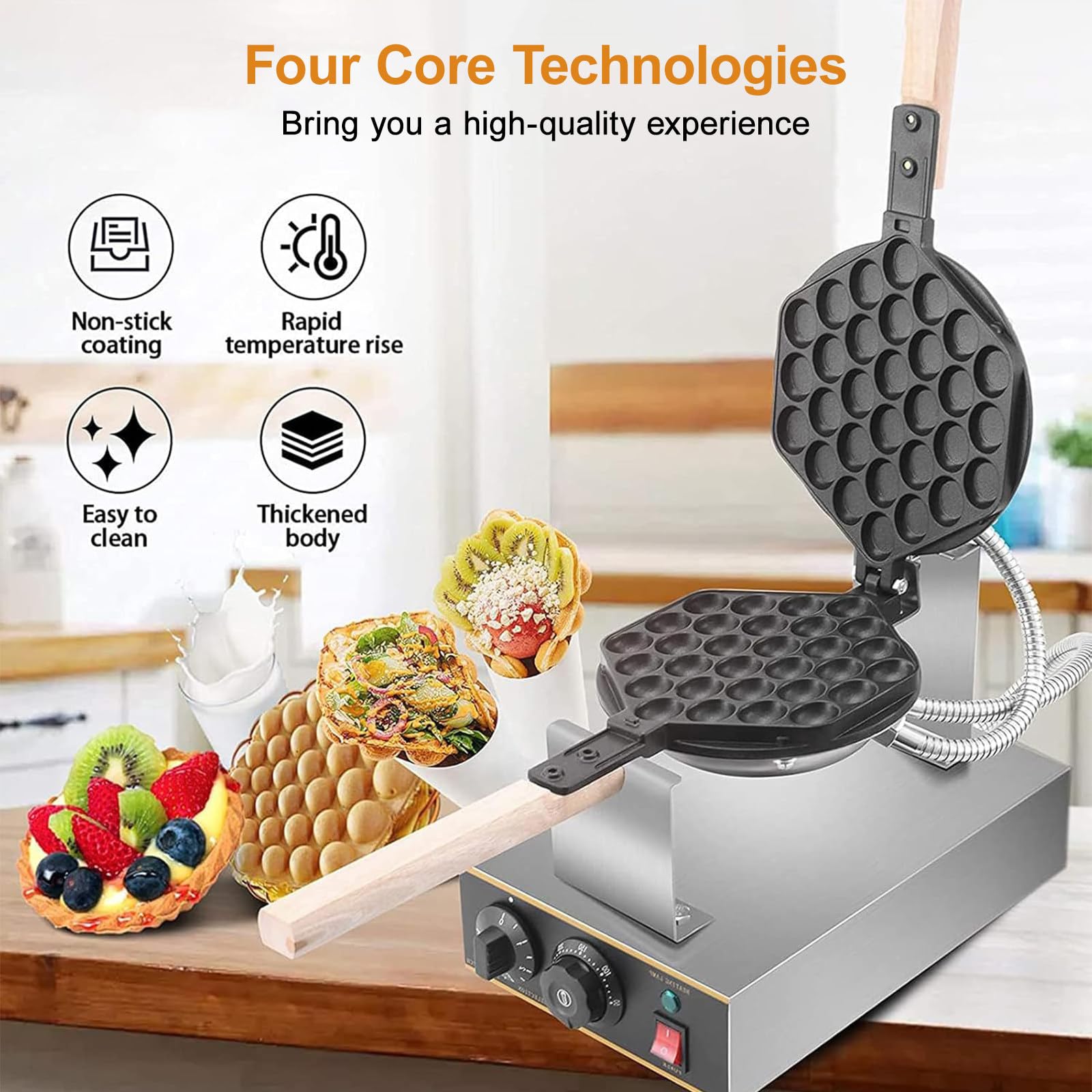 Bubble Waffle Maker, Elektryczna Gofrownica Jajeczna Gofrownica, Gofrownica Jajeczna, Komercyjna, Elektryczna, Nieprzywierająca, Regulacja Temperatury 50–250°C,DoubleHead