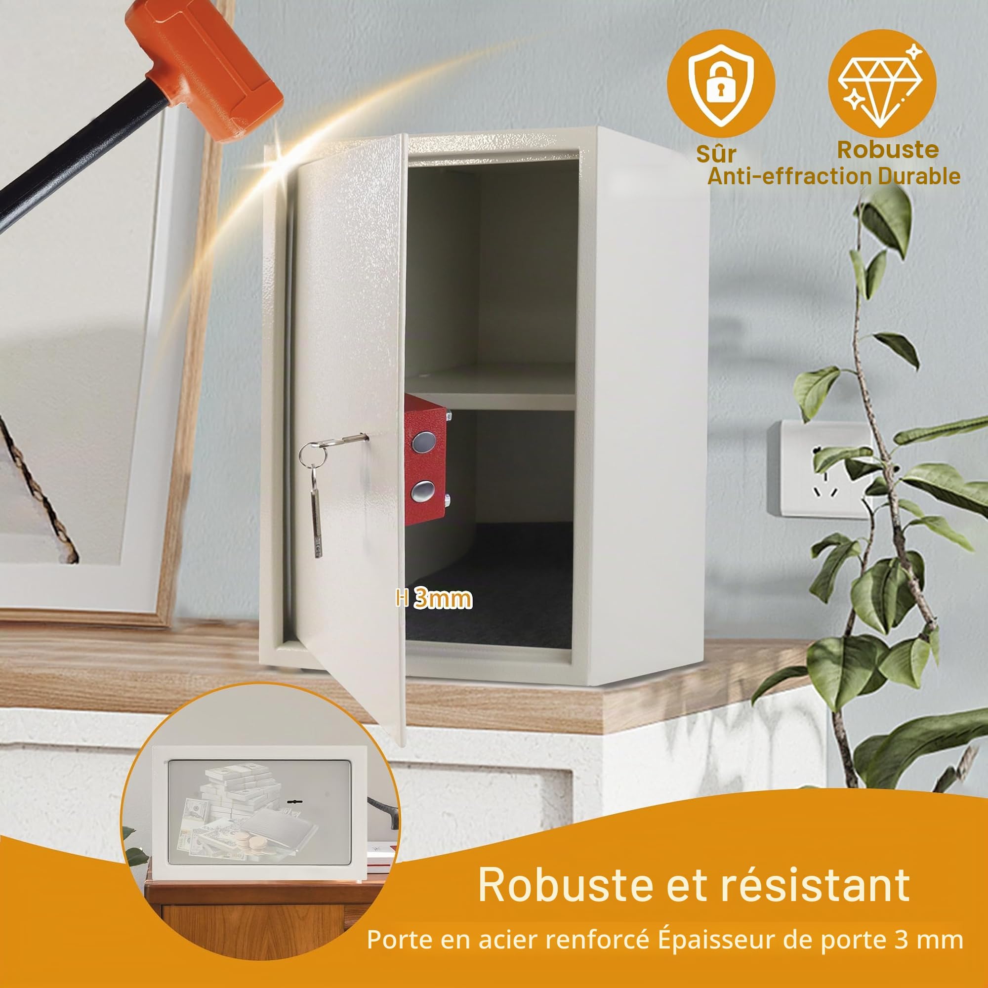 Tresor Coffre-fort ignifuge et étanche (35 x 31 x 50 cm – XL) avec 2 clés – Armoire à monnaie pour argent, bijoux, médicaments, coffre-fort de meubles comme coffre-fort mural ou au sol
