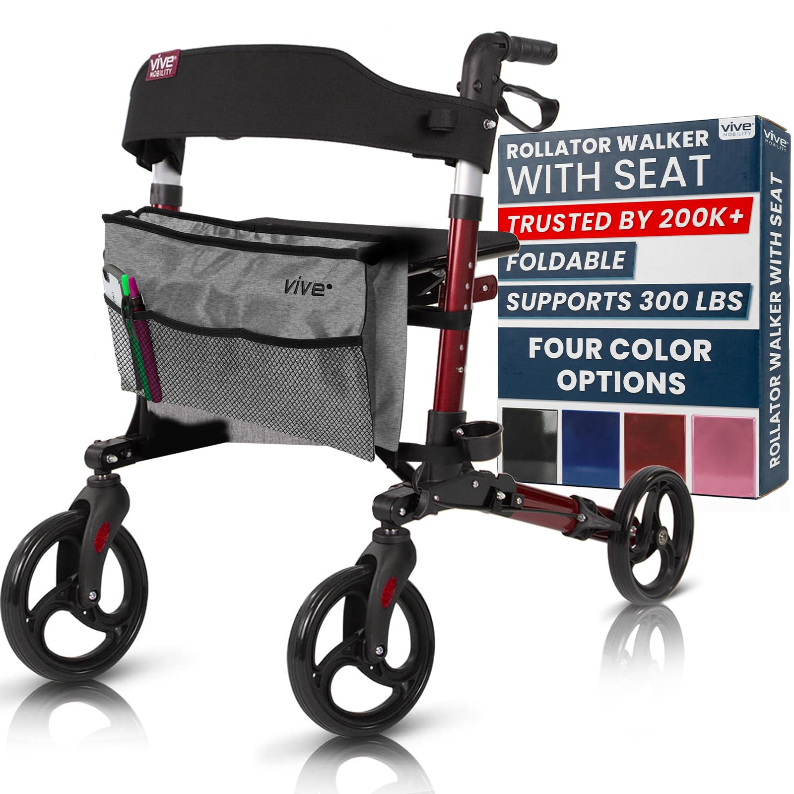 Vive Mobility Rollator Walker with Seat- Folding 4 Wheel Medical Rolling Walker with Bag - Mobility Aid for Adult, Senior, Elderly & Handicap - Aluminum Transport Chair