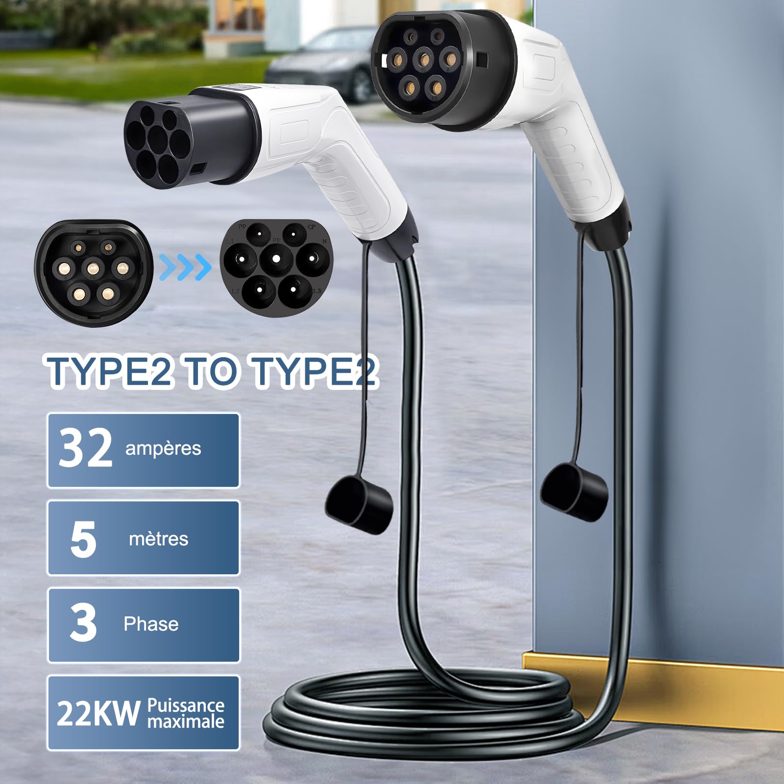 Cavo Ricarica Auto Elettrica Tipo 2, modalità 3 / 32A / 22 kW / 3 Fasi / 5m, con Spina Tipo 2, Impermeabile e Certificato CE, con Borsa da Trasporto
