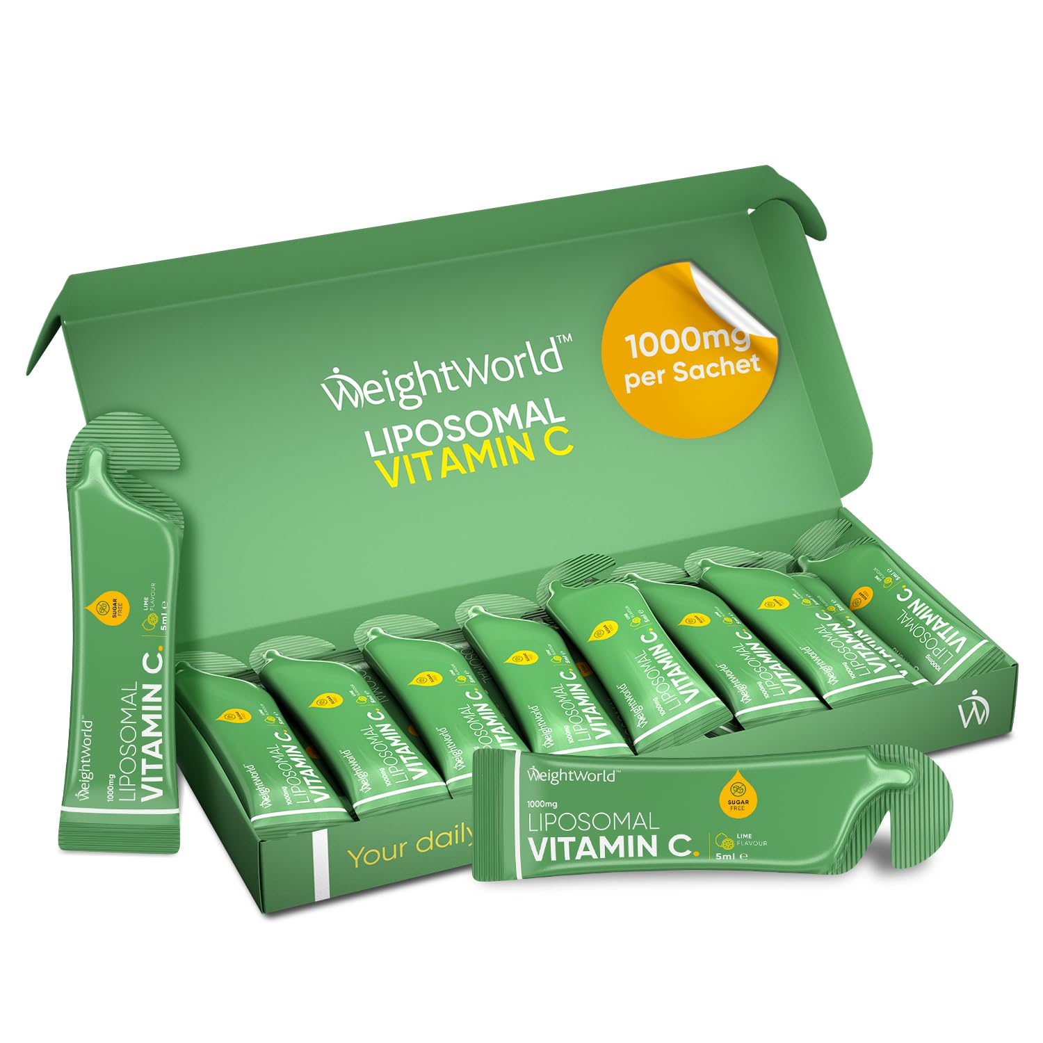 Liposomal Vitamin C 1000mg - 14 Liquid Sachets - Tasty Natural Lime Flavour - High Absorption VIT C - Sugar-Free, Vegan & Travel-Friendly Supplement - Just 1 per Day - Made in The UK