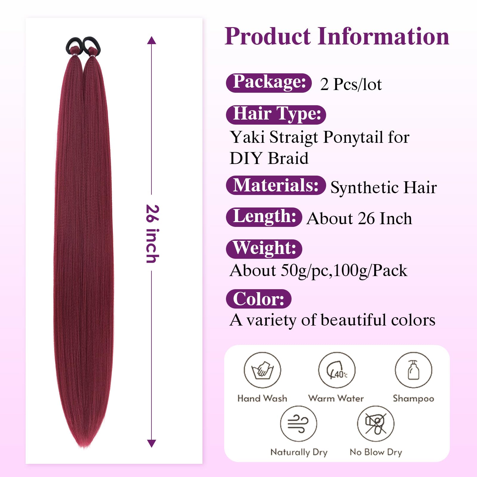 S-noilite Ombre Ponytail Hair Extensions with Hair Tie for Women Girls,Colored Synthetic Hairpiece Daily Party Costume DIY Braiding,26inch 2pcs,Wine Red - Image 2