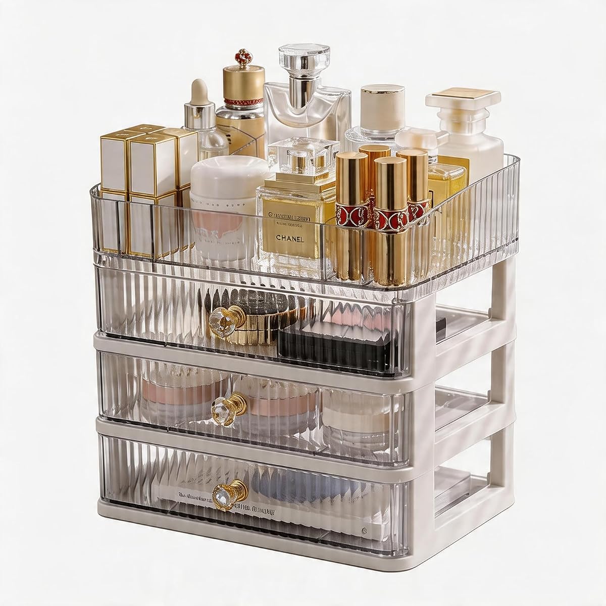 Makeup Organizer with 3 Drawers, Bathroom Counter Organizer. | Clear Cosmetic Display Case, Ideal for Make Up, Skincare, Perfume; Suitable for Dresser Top, Vanity and Desk