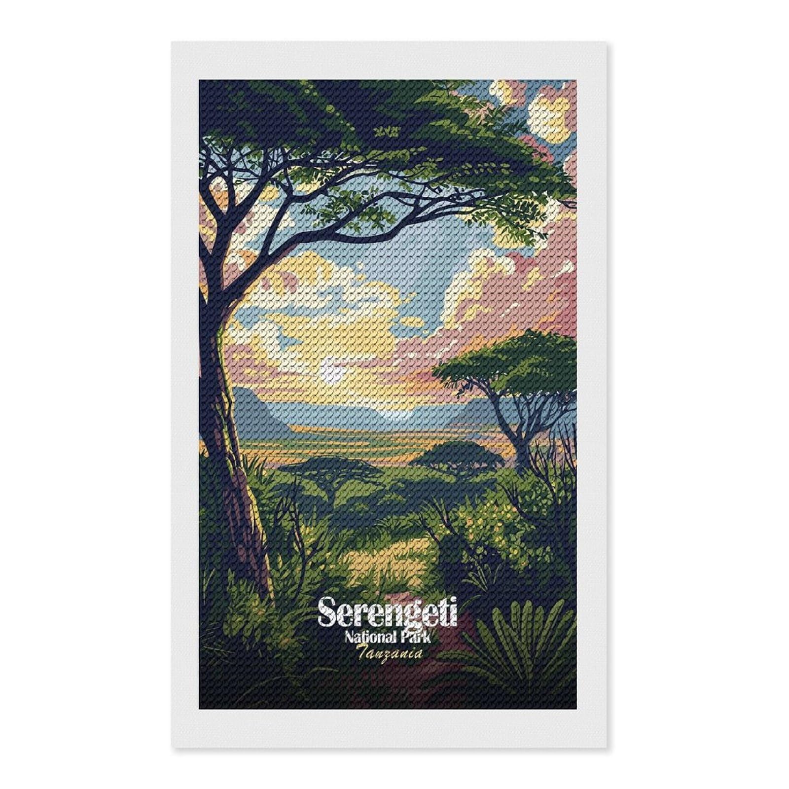 Junmoney Serengeti National Park Tanzania Art Diamond Art Kit 12"x20", Vintage Style Decor, Stress Relief Craft, Decor Project, Relaxing DIY, Creative Hobby