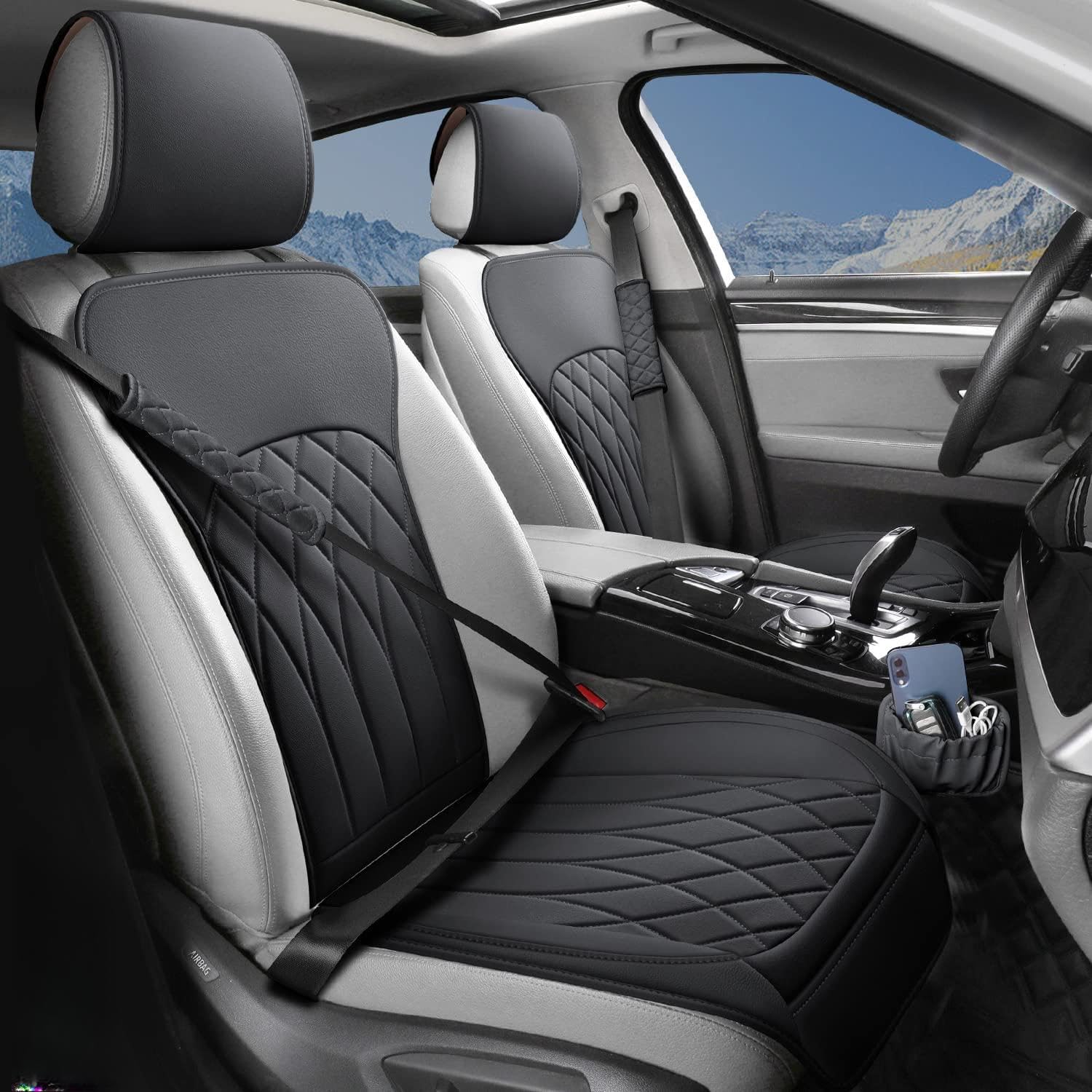 Photo 1 of  2 Pack Leather Front Car Seat Covers, Universal Sideless Car Seat Protectors with Storage Pocket and Seat Belt Pads, Waterproof Automotive Seat Cover for Cars Trucks SUV(Black) 