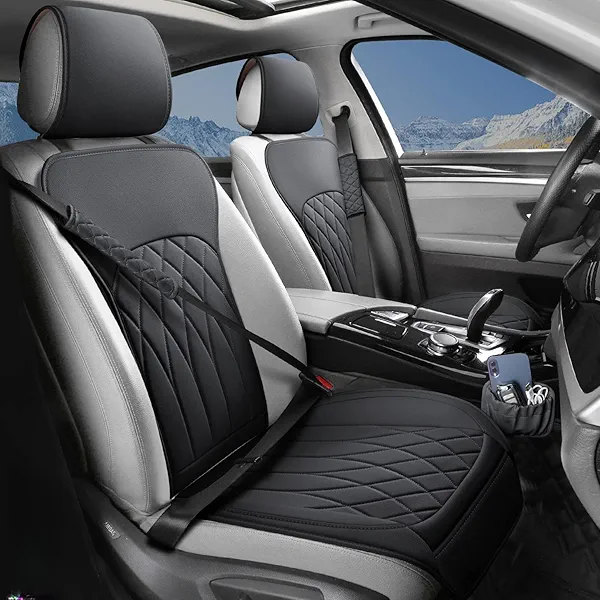 BEITK 2 Pack Leather Front Car Seat Covers, Universal Sideless Car Seat Protectors with Storage Pocket and Seat Belt Pads, Waterproof Automotive Seat Cover for Cars Trucks SUV(Black)