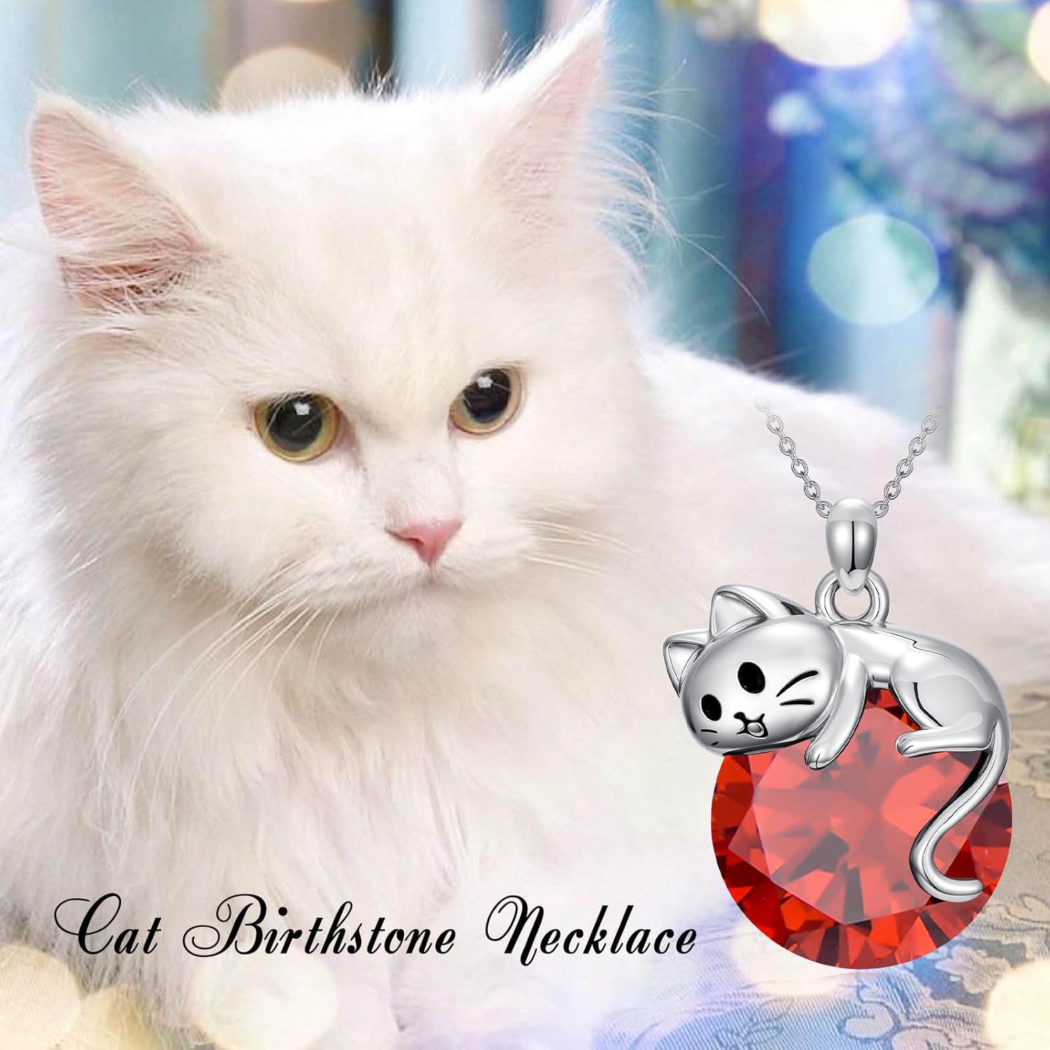 Cat Birthstone Necklace 925 Sterling Silver Cats Pendant Jewelry Birthday Christmas Gifts for Women Cat Lovers - Image 3