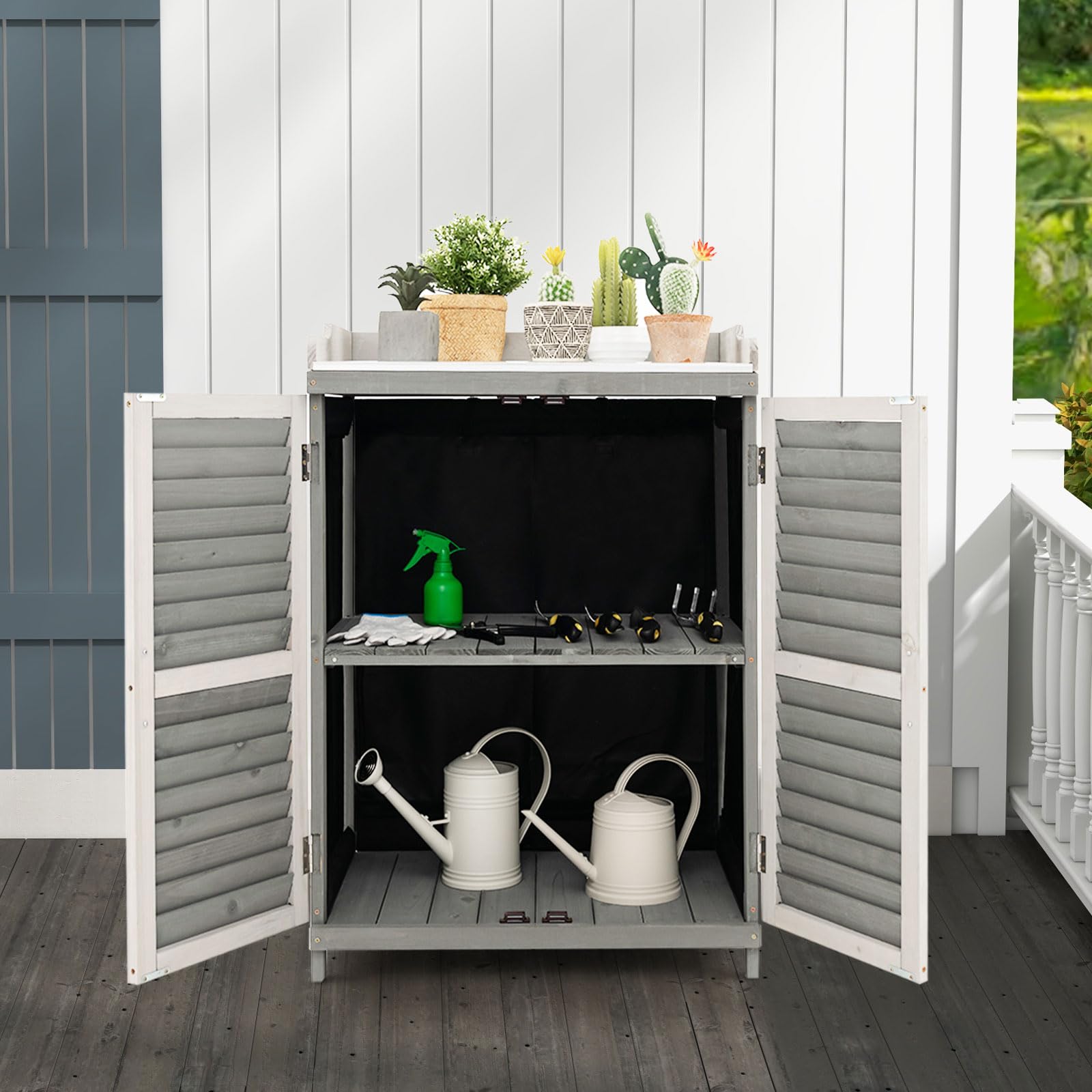 GOPLUS Table de Rempotage de Jardin en Bois de Sapin, 67 x 46 x 99,5 CM, Armoire de Rangement Extérieur, Plateau en Métal, Étagère, 2 Porte Magnétique Persiennes, Rideaux Latéraux, pour Outil, Plante