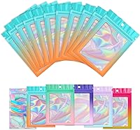 Vista 6 de Funfery Paquete de 100 bolsas holográficas a prueba de olores, bolsas resellables con ventana transparente, bolsa de aluminio de Mylar