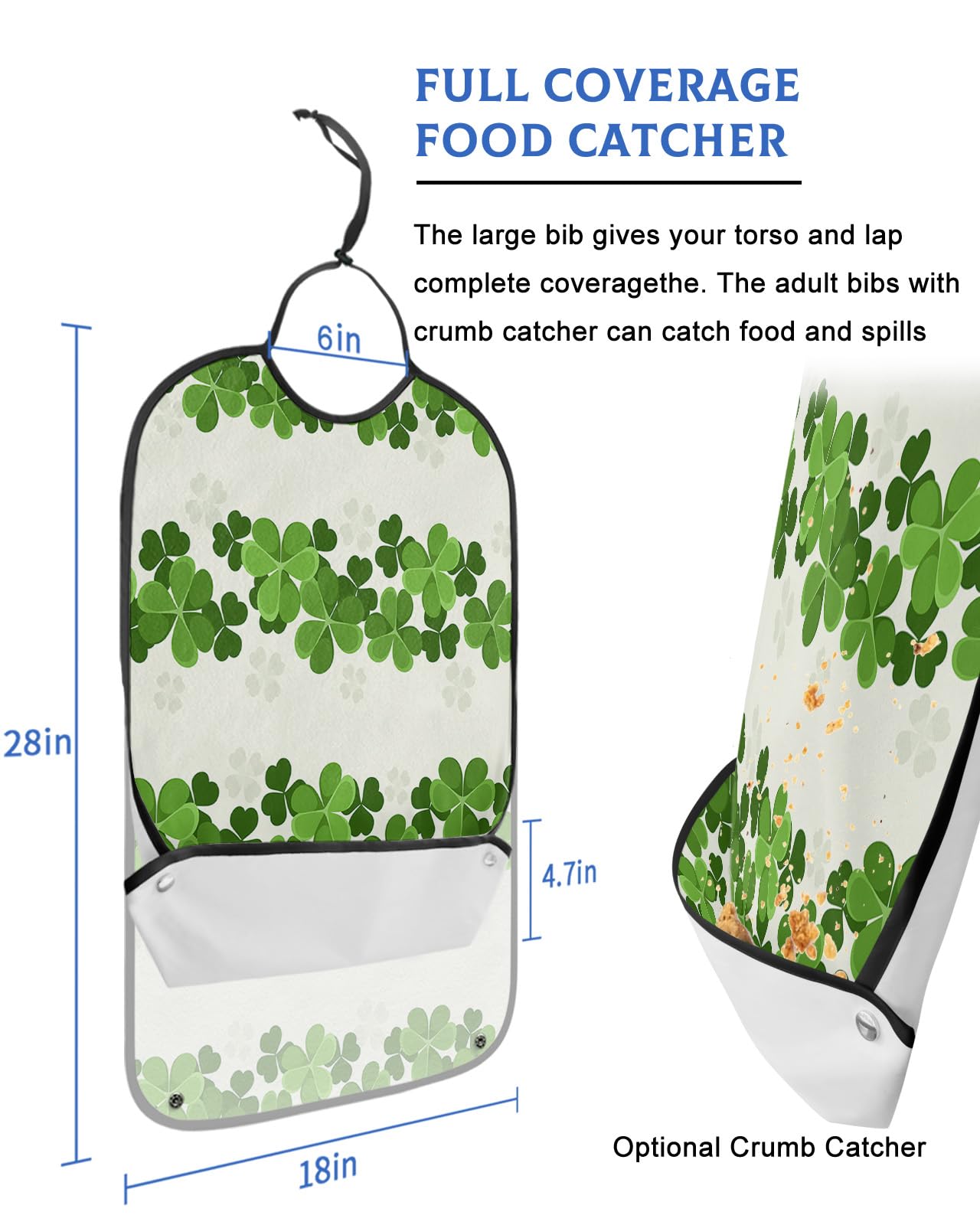 St. Patrick's Day Adult Bibs for Eating, Waterproof Bibs with Food Catcher & Adjustable Snap Closure, Lucky Green Clover Board on White Washable Clothing Protectors Adult Bibs for Elderly Women/Men