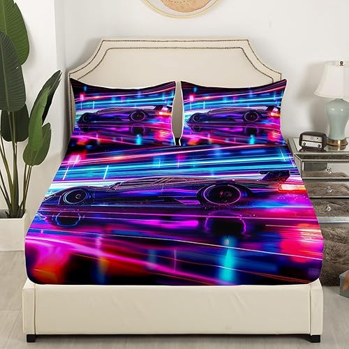 Miniatura 3 de Manfei Sábana bajera ajustable de coche de carreras, tamaño Queen, funda de cama negra para coche deportivo con 2 fundas de almohada, juego de ropa