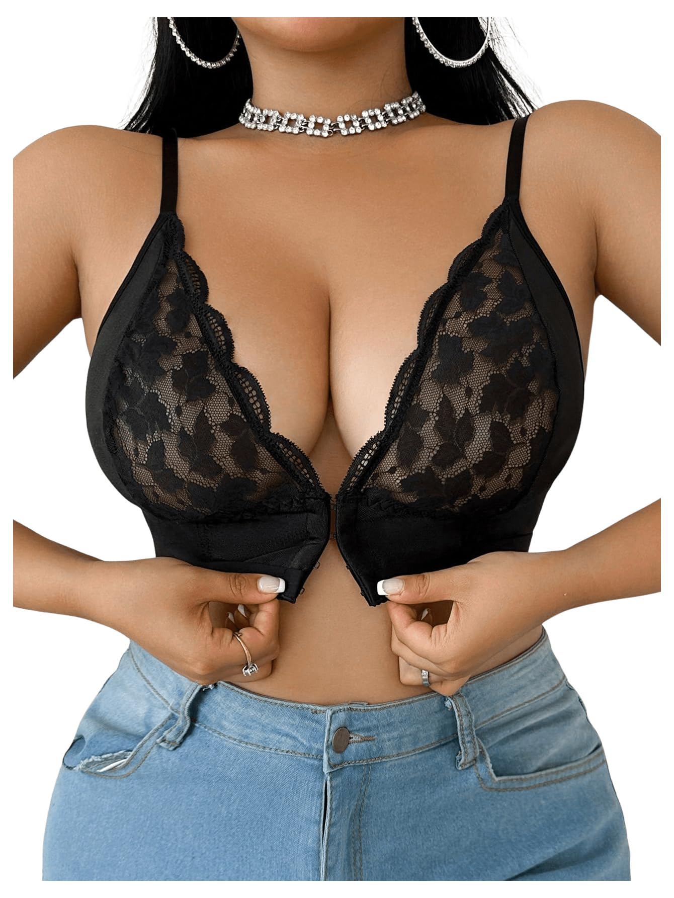 MakeMeChic Women's Plus Size Bras Floral Lace Bralettes Sexy Bra Deep V Neek Front Closure Underwear
