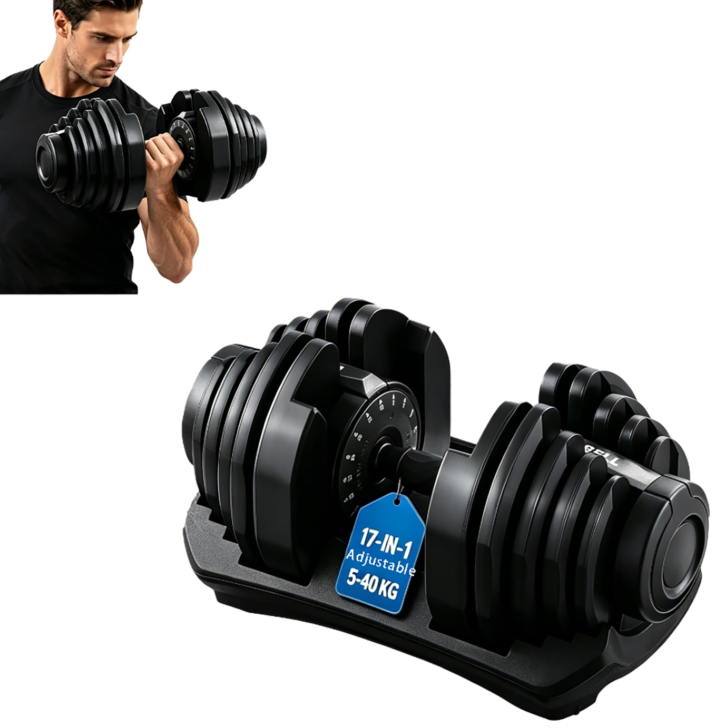 Adjustable Dumbbel Weight Setting w/Secure Locking System,Quick Change Weights Dumbbel Set Includes Storage Dock & Non-slip,Saving Space,Pair/Single (Black, Single,B)