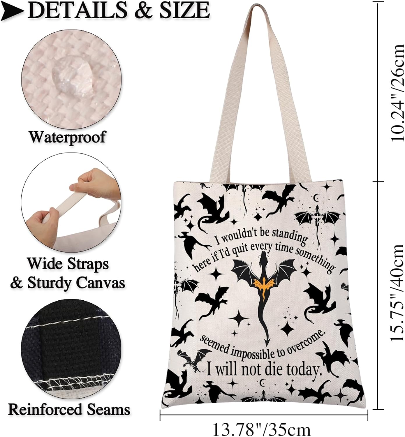 BDPWSS I Will Not Die Today Dragon Rider Gift Dragon Lover Handbag Fantasy Reader Tote Bag for Bookworm - Image 3
