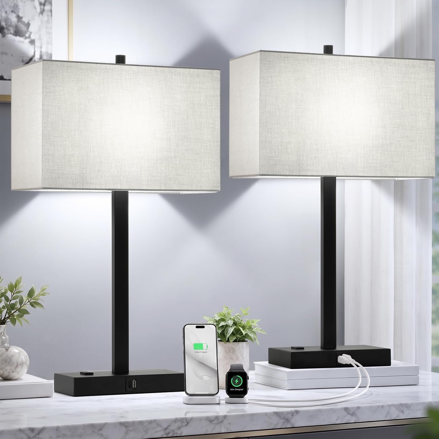 Lynnoland Set of 2 Touch Control Table Lamps with 2 USB & AC Outlet, 3-Way Dimmable Bedside Nightstand Lamps for Bedroom Living Room Nursery, 800 Lumens 5000K Daylight Bulbs Included