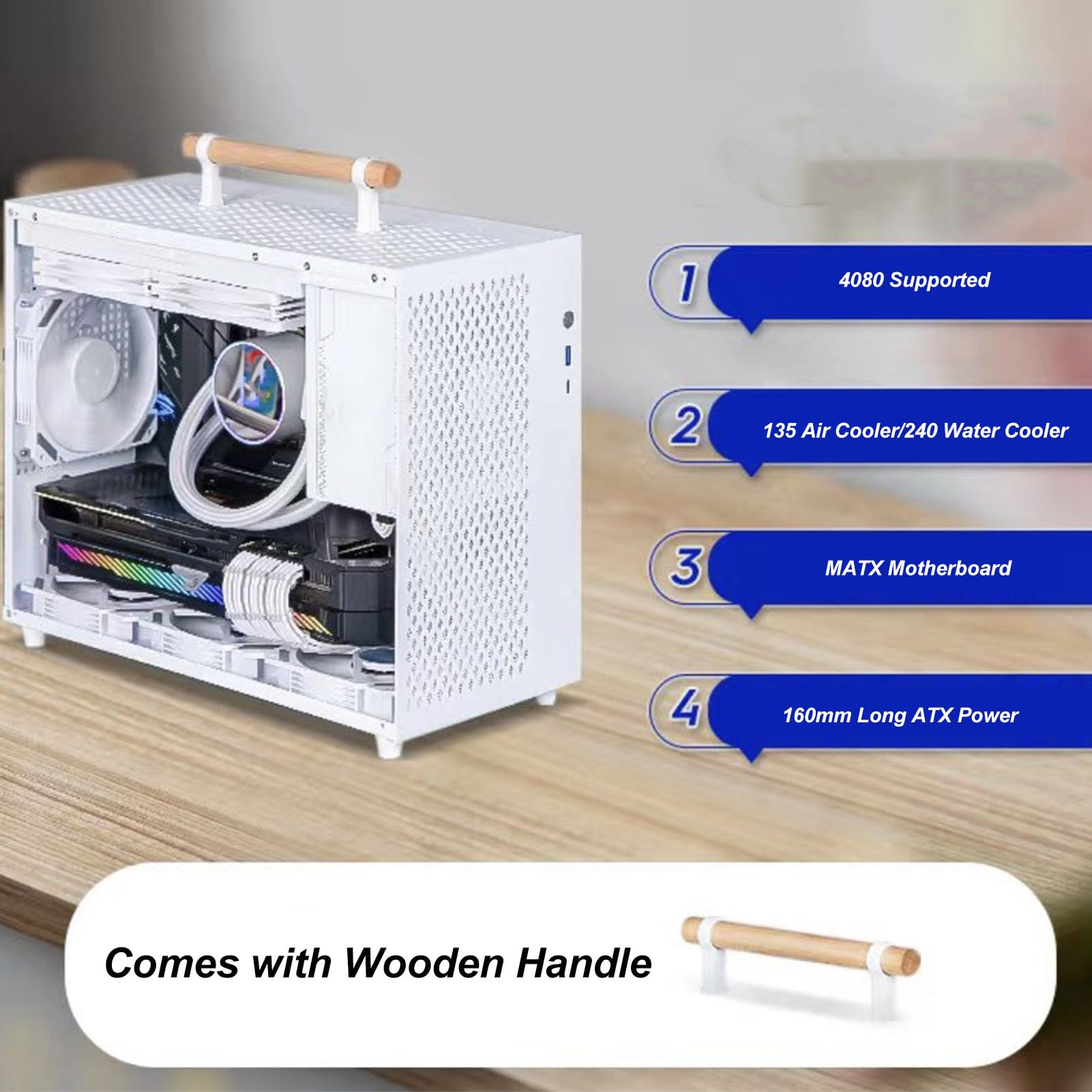 Custodia MATX, Custodia Mini ITX Portatile con Manico in Legno e Pannello Laterale in Vetro Temperato Trasparente, Custodia per Computer Mini Tower Stile Semplice con Interfaccia