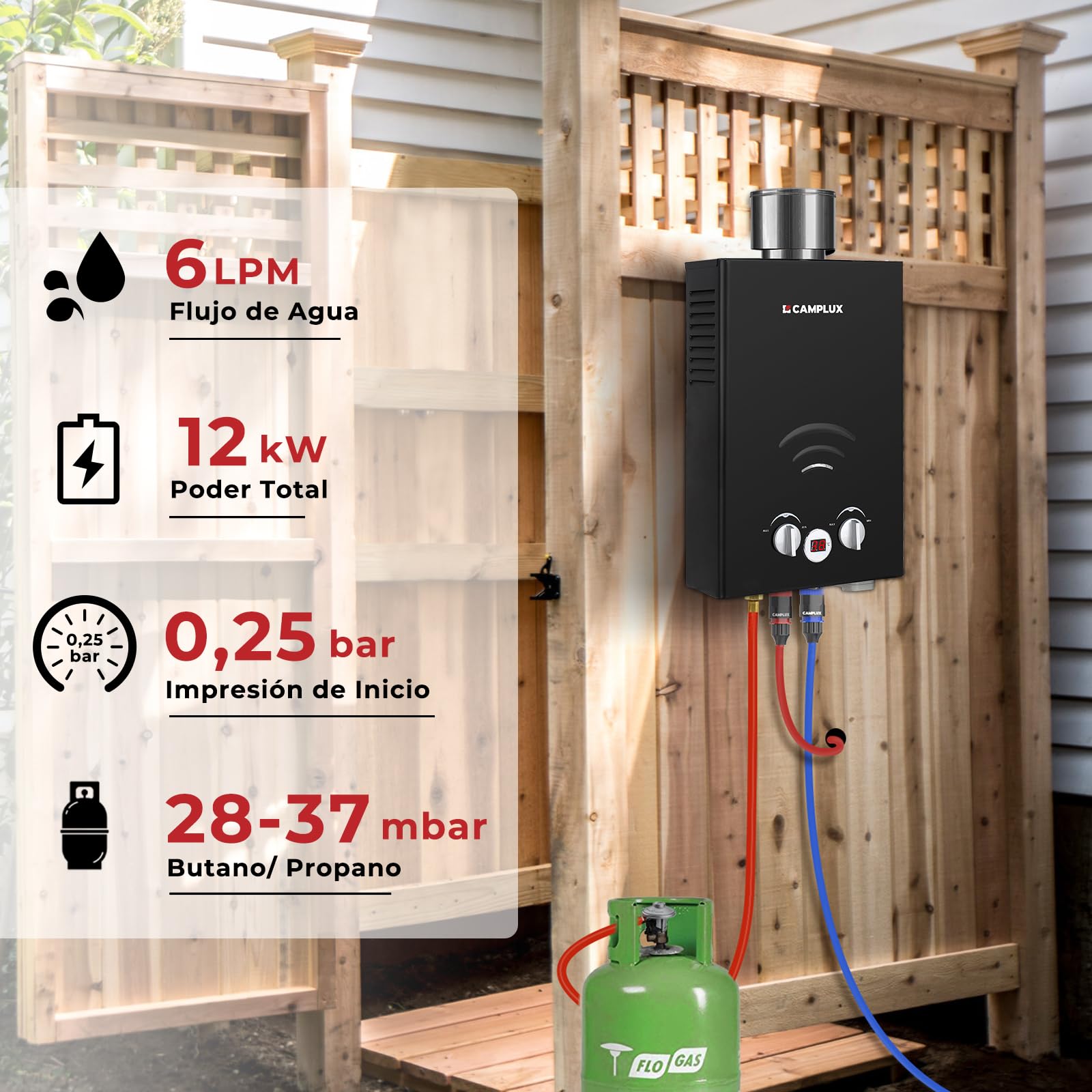 Camplux BW158BC Chauffe-eau à Gaz à 6 Litres sans Réservoir, avec Couvercle de Pluie, Propane ou Butane, 12kW