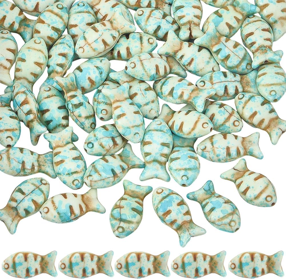 SUNNYCLUE 1 Box 50Pcs Fish Shaped Beads Turquoise Fish Beads Bulk Animal Synthetic Turquoise Dyed Stone Painted Sea Ocean Gemstone Loose Spacers for Jewelry Making DIY Earring Bracelet Necklace Craft