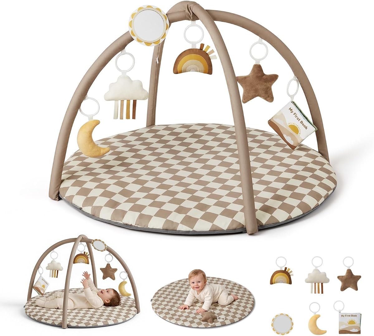 Blissful Diary Baby Play Gym Mat, tapete de juego con 6 juguetes desmontables para el desarrollo de habilidades sensoriales y motoras basadas en etapas, fácil de instalar y limpiar, regalo esencial para bebé, tablero de ajedrez marrón