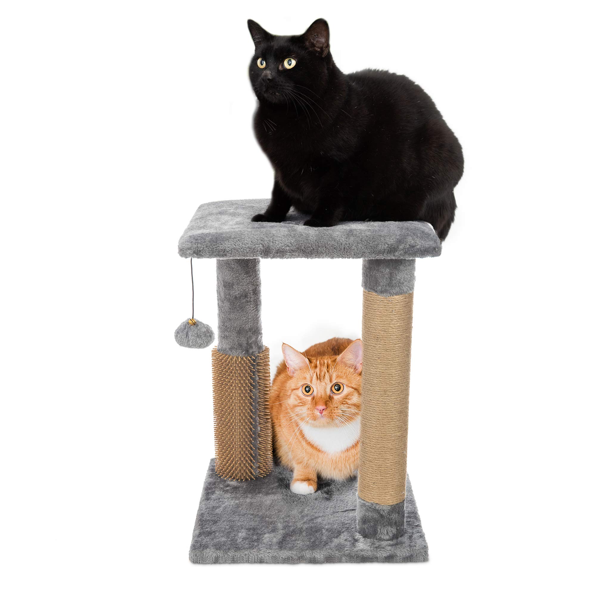 Petlicity Deluxe Scratch Post with Jute Rope Scratch Post, Rubber Grooming Post, Hanging Play Toys and Grey Fabric Platform for Napping or Playing