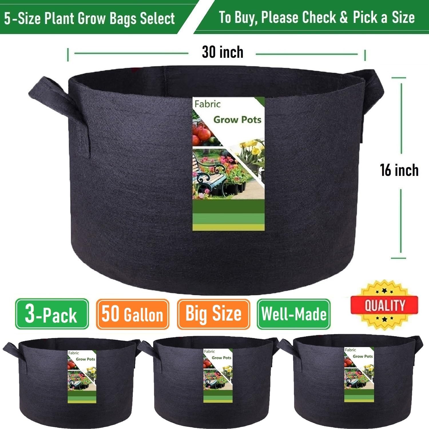 Lot de 3 grands sacs de culture épais de 50 gallons (76,2 x 40,6 cm) en tissu robuste pour pommes de terre, tomates, herbes, légumes, pots de fleurs, tonneau, sac à feuilles, sacs à déchets de cour