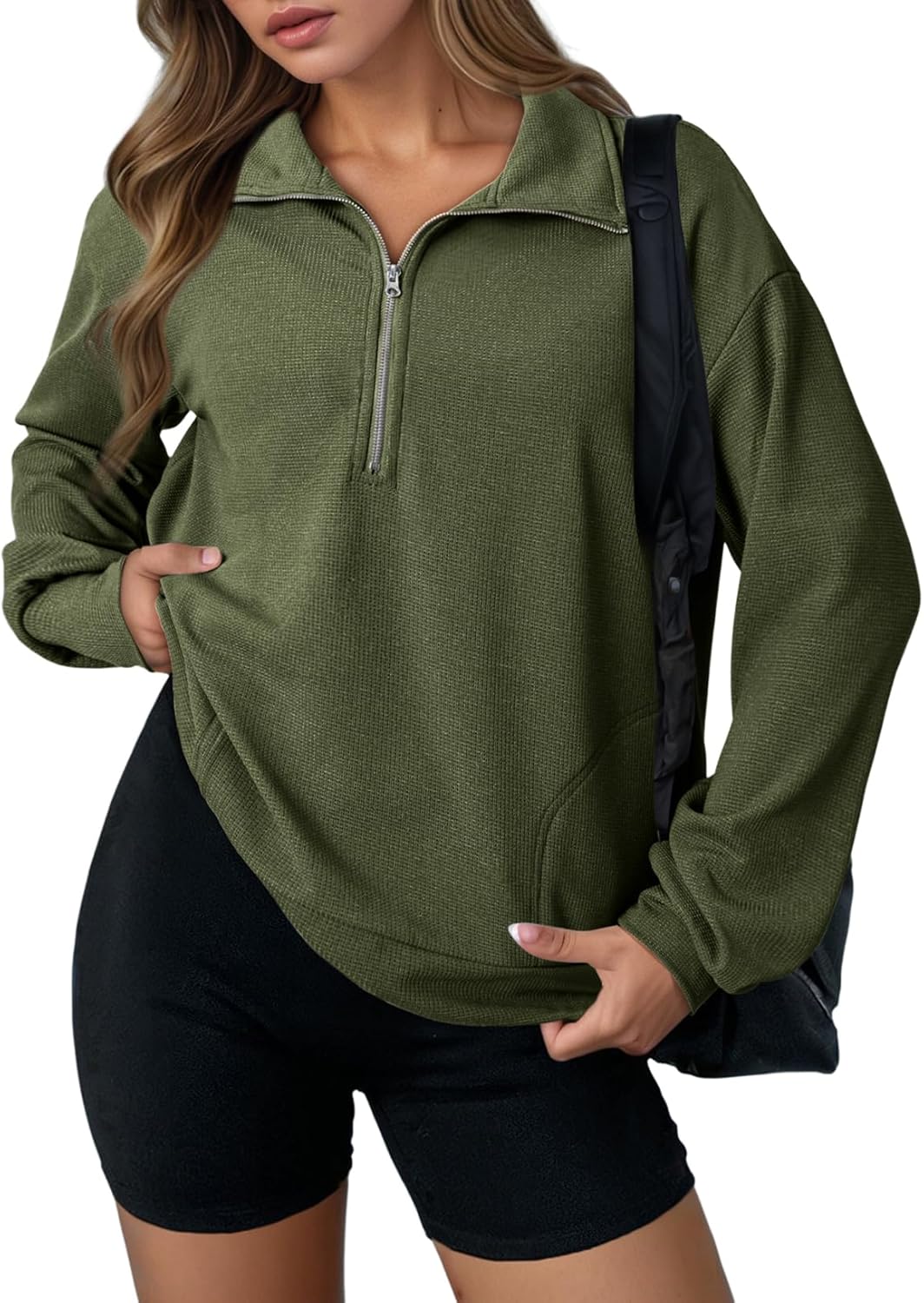 Dokotoo Womens Sweatshirt Waffle Knit Long Sleeve Lapel Half Zip Up Casual Lightweight Soft Sweatshirts Loose Pullover Tops