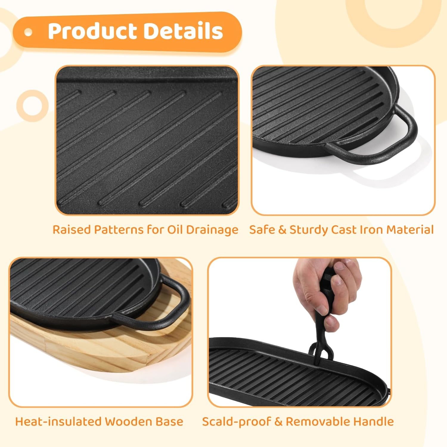 Cast Iron Skillet Set, 2 PCS Fajita Plate Sizzling Pan Cast Iron Plates with Wooden Base Removable Handle, Steak Pan for Outdoor Grilling BBQ Kitchen Cooking