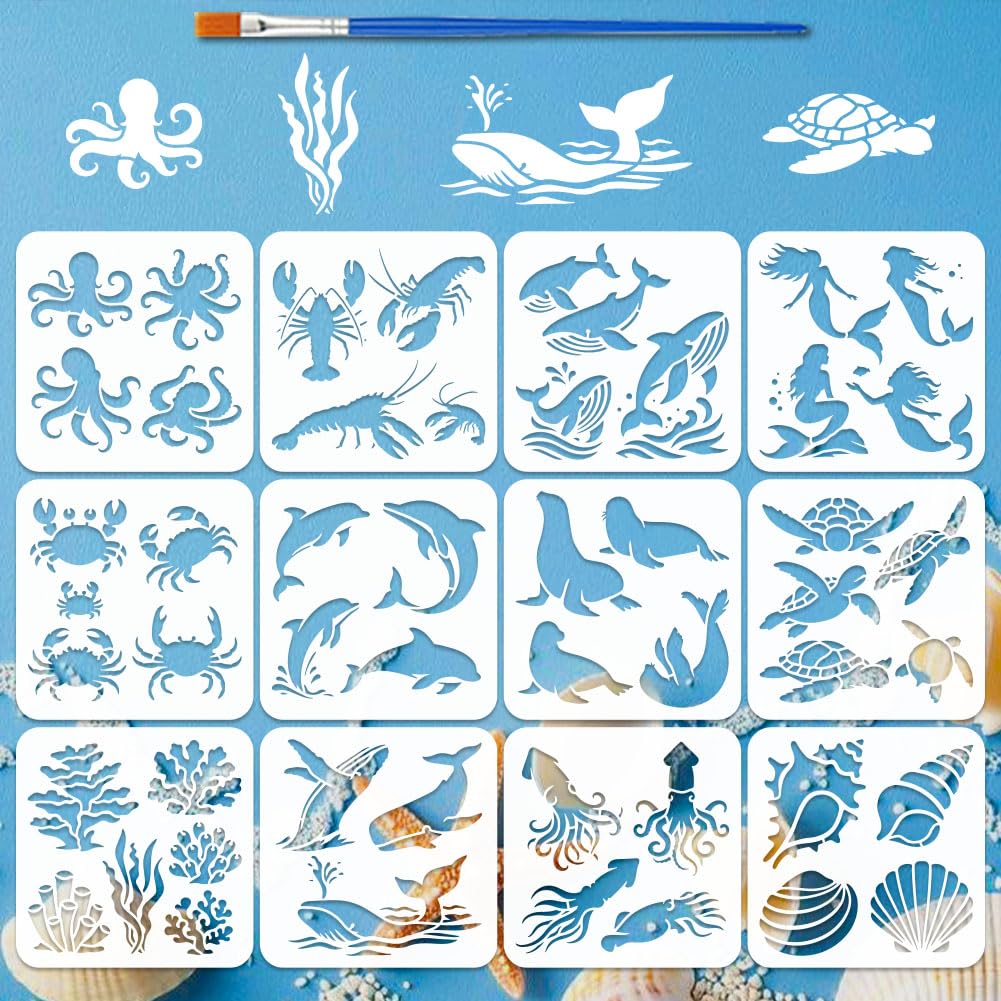 FINGERINSPIRE 12PCS Marine Organisms Stencils with Paint Brush 20x20cm 12 Styles Marine Creatures Patterns Stencils Ocean Life Template for Painting on Wood Wall Fabric Furniture DIY Home Decoration