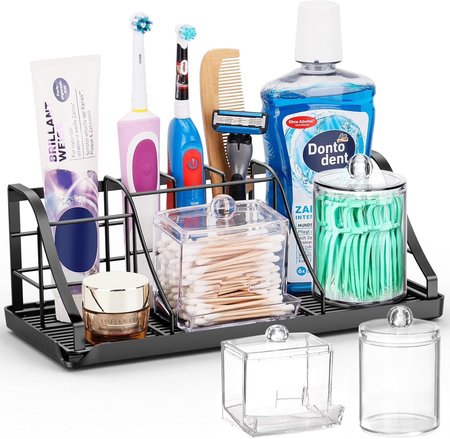 Toothbrush holders set with Qtip dispenser for bathroom organization