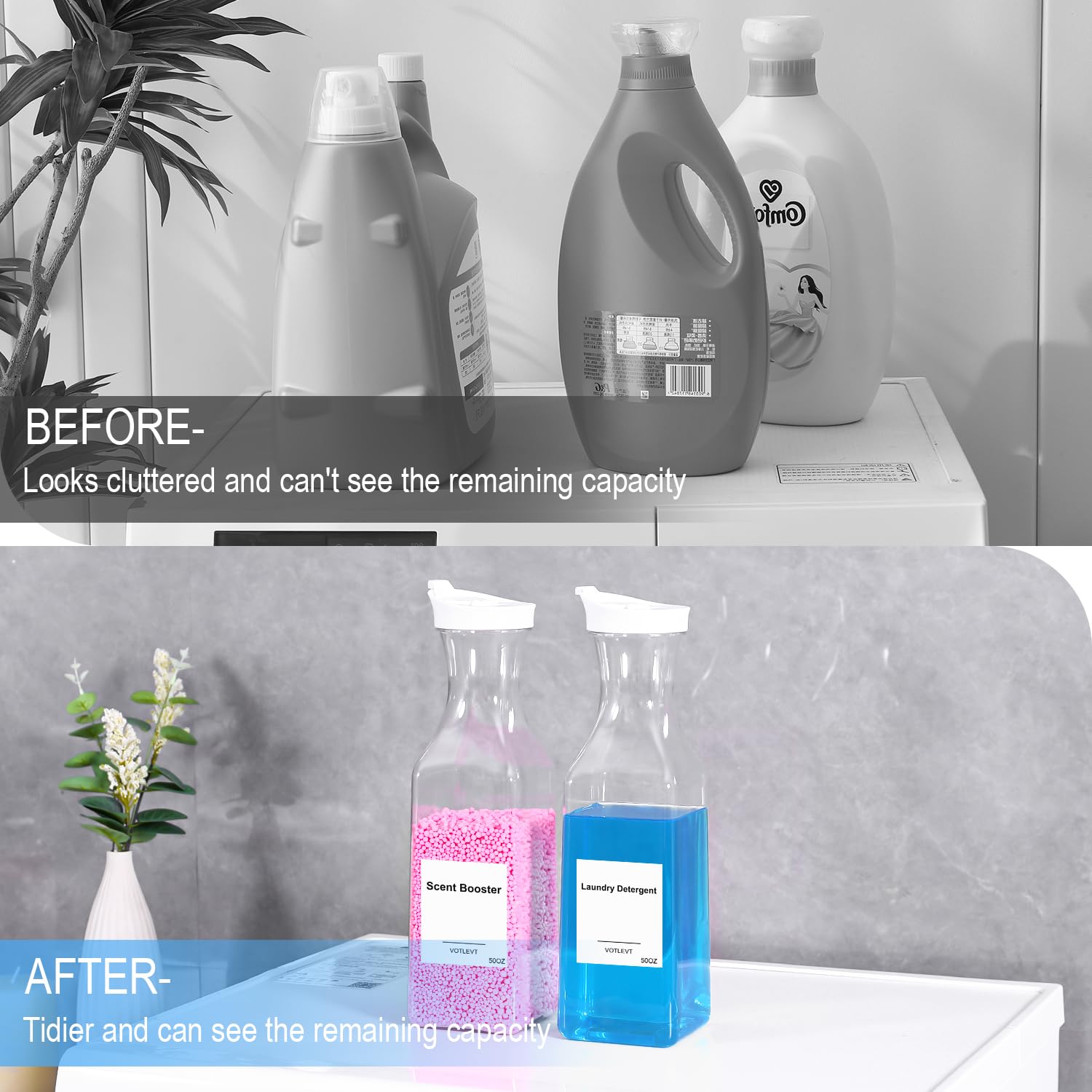 Lot de 2 distributeurs de détergent à lessive liquide, récipient en plastique pour organiser, adoucissant et distributeur de savon à lessive, organisateur de poudre à lessive pour buanderie