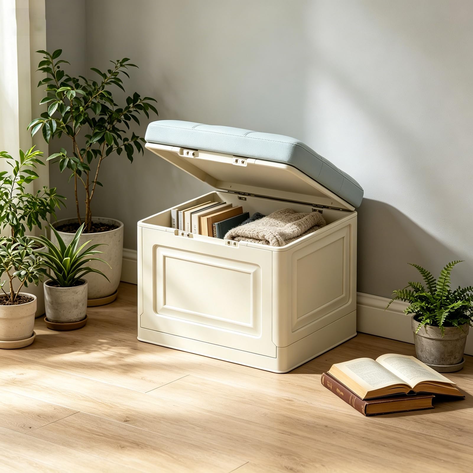 Sitzbank mit Stauraum – Aufbewahrungsbox, Sitzbank klappbar, pflegeleicht, Faltbare Aufbewahrungsbox mit Deckel, bis 200 kg belastbar, für Flur, Wohnzimmer, Schlafzimmer (Light Gray, 80cm)