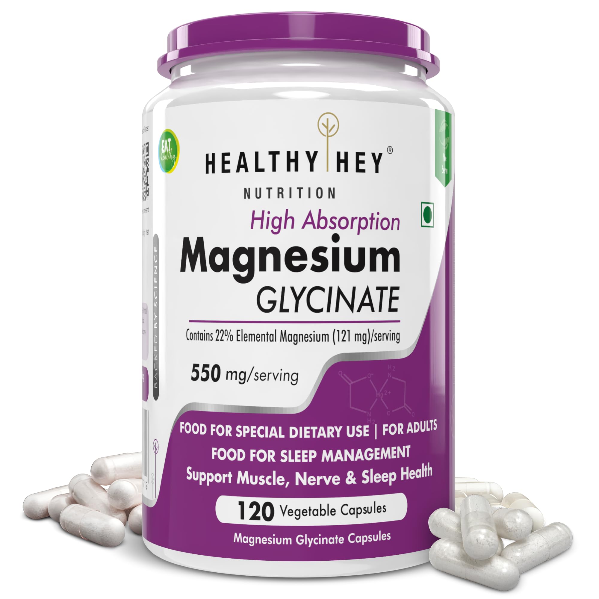 HealthyHey Nutrition High Absorption Magnesium Glycinate, 550mg - 120 Vegetable Capsules