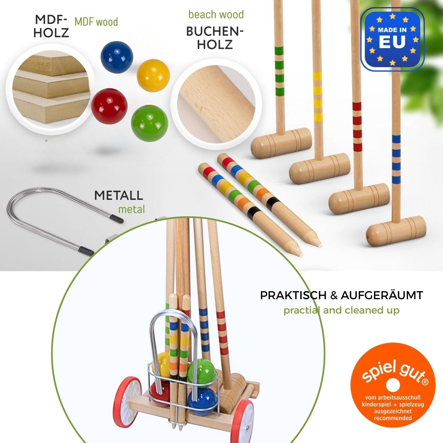 GICO Jeu de Croquet en Chariot en Bois - Plein air - 4 Joueurs - Maillets 80 cm