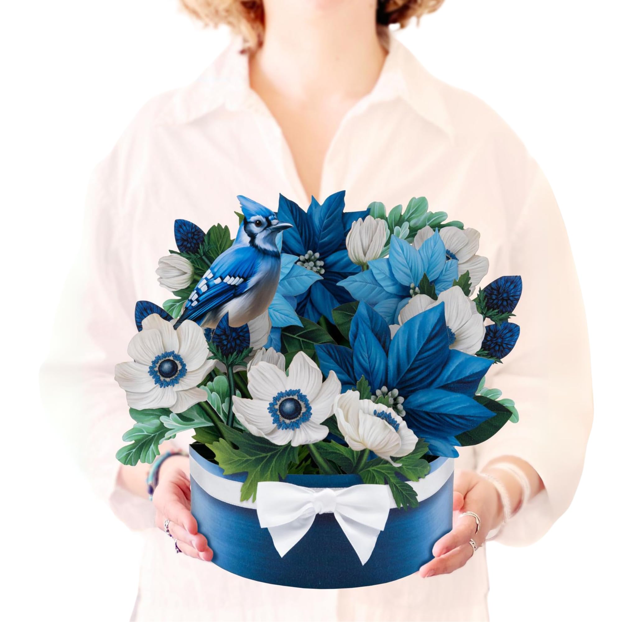 Freshcut Paper Pop Up Cards, Blue Poinsettia, 10 Inch Life Sized Forever Flower Bouquet 3D Popup Greeting Cards, Christmas Card, Hanukkah Card, Blank Notecard & Envelope