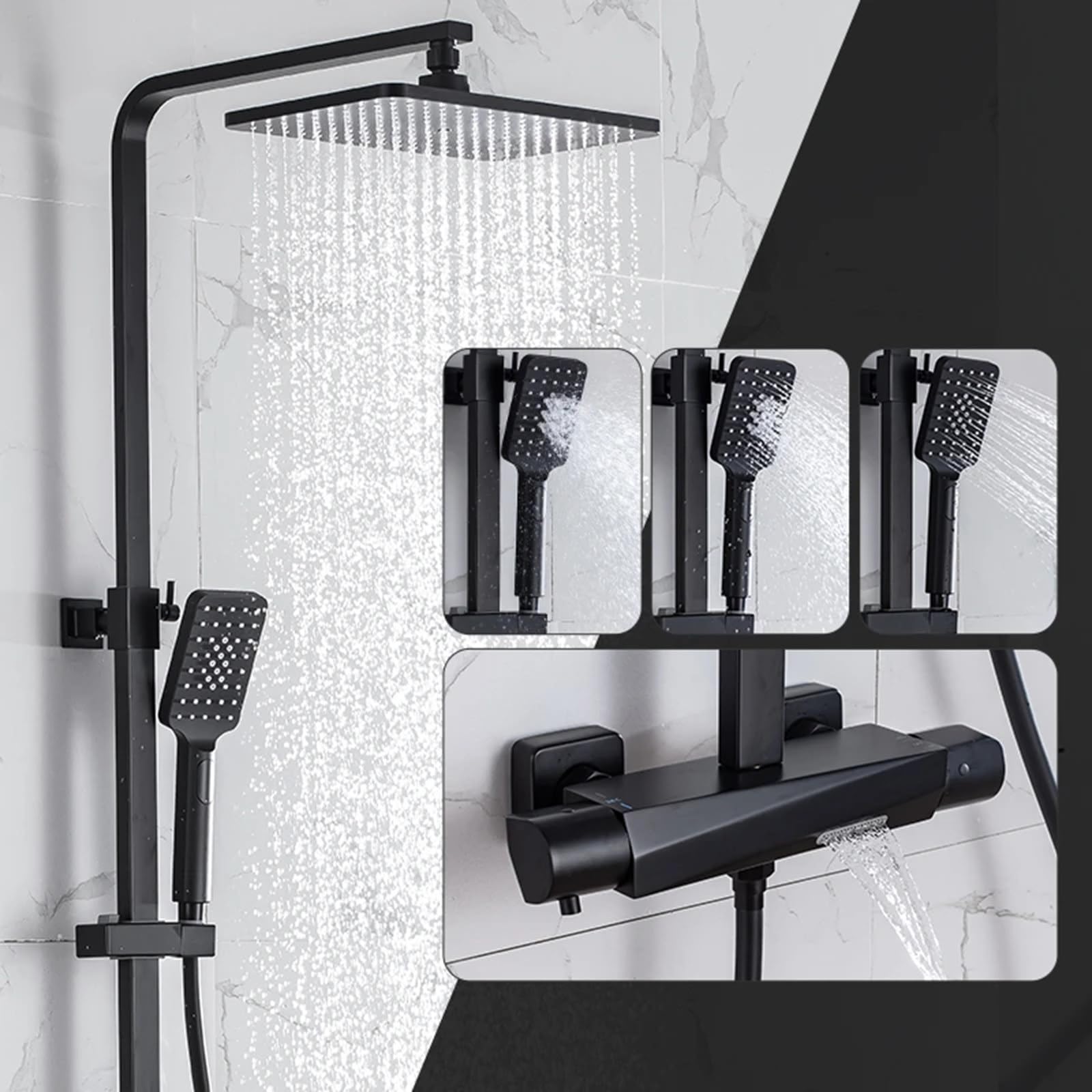 Système de douche thermostatique noir mat complet avec mitigeur baignoire apparent 3 fonctions