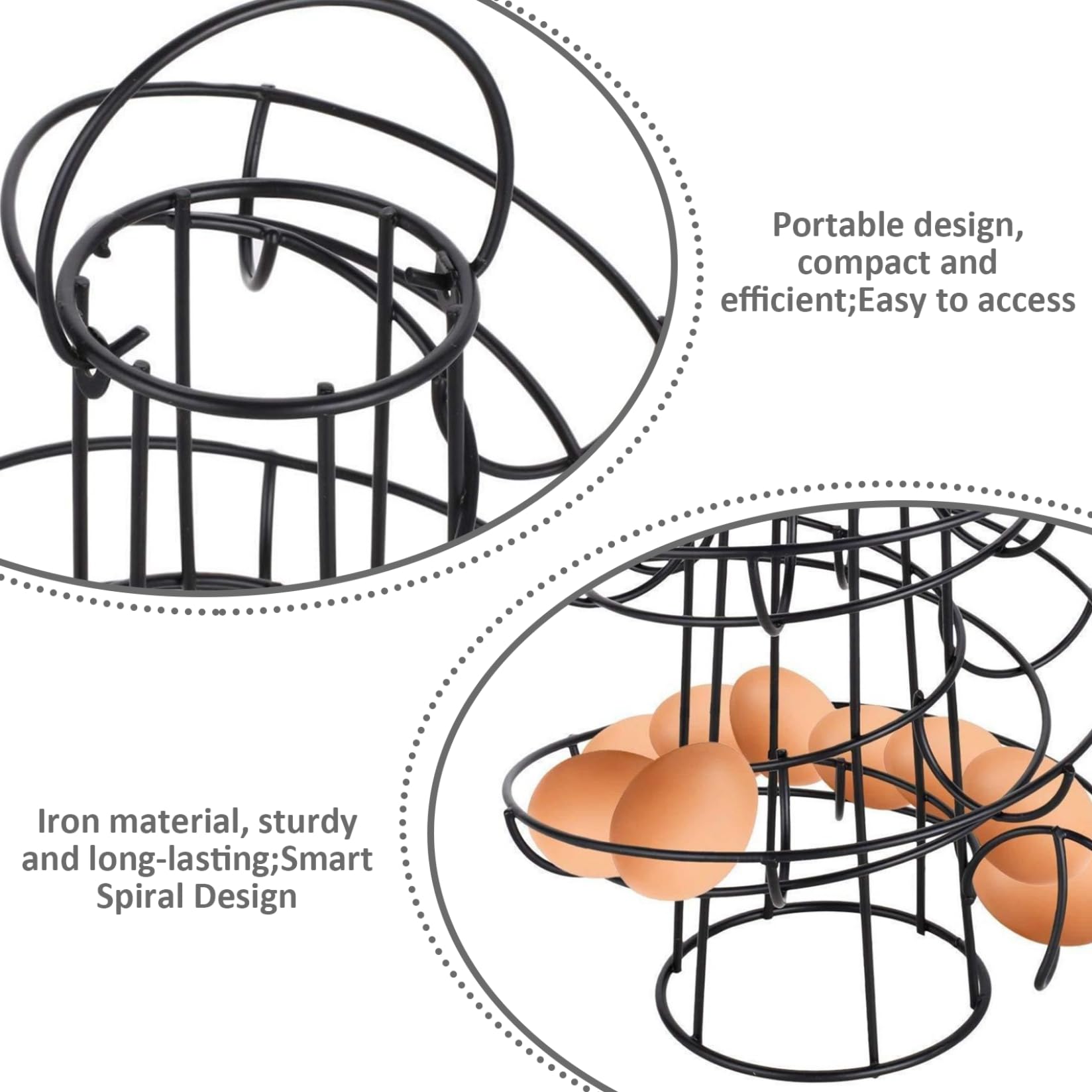Gcroet Encimera con Soporte para Huevos Frescos, Soporte para Huevos de Metal con diseño en Espiral para mostrador, Estante para encimera de Cocina Negro con asa de 9, 5x3, 9 Pulgadas