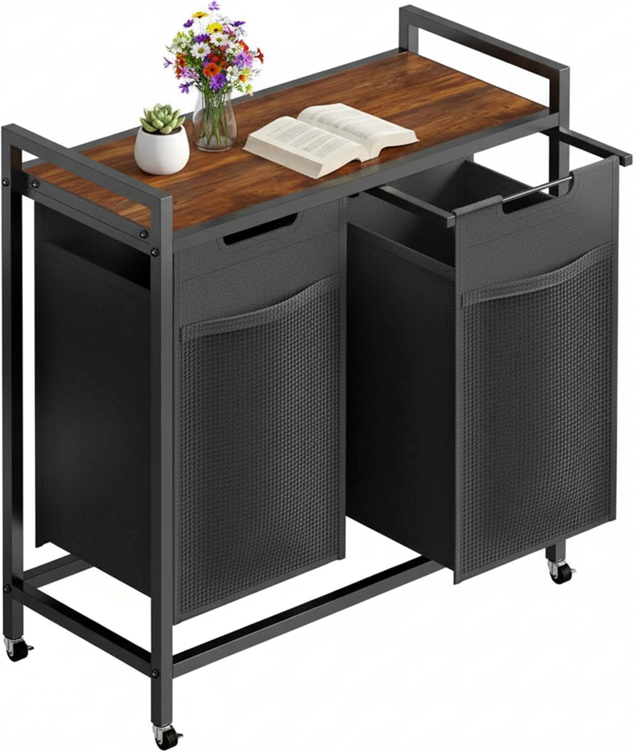 Simple Deluxe Laundry Hamper with Shelf & 2 Pull-Out Bags, 2×11.2 Gal (85L) Rolling Sorter Cart, Heavy-Duty Organizer for Bathroom, Bedroom, Dorm, Rustic Brown and Black