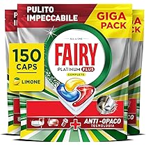 Fairy Platinum Detersivo Pastiglie Lavastoviglie Plus Complete, Brillantante, 150 Capsule, Limone, Tecnologia Anti-Opaco, Contro Il Grasso e le Incrostazioni Ostinate Anche Nei Cicli Brevi
